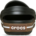 Rear view of the Crocs Kids Crocband Gum Clog Black, featuring a brown heel band with a white stripe and a centered Crocs Comfort logo patch.