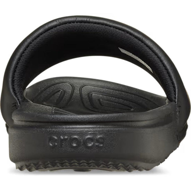 Crocs Mens All Day Slide Black viewed from the heel, featuring a molded footbed and an embossed logo on the rear sole., 54702, 54703, 198445217036, 198445216954, 198445216961, 198445216978, 54708, 54709, 54710, 54711