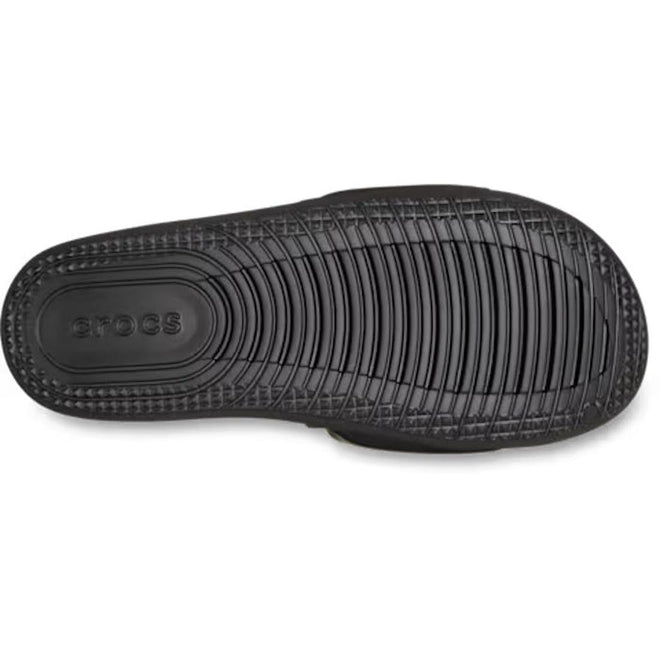 Bottom view of the Crocs Mens All Day Slide Black, showcasing the textured tread pattern., 54702, 54703, 198445217036, 198445216954, 198445216961, 198445216978, 54708, 54709, 54710, 54711