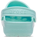 Rear view of the Crocs Toddlers Aquamarine Classic Clog, highlighting its textured sole, branded heel strap, and open back—ideal as a water-friendly sandal for little ones., 51491, 51492, 198445197758, 198445197765, 198445197772, 198445197710