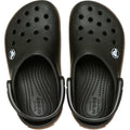 Top-down view of a pair of black Crocs Toddlers Crocbands Gum Clog Black sandals with ventilation holes, black heel straps, and tan soles.