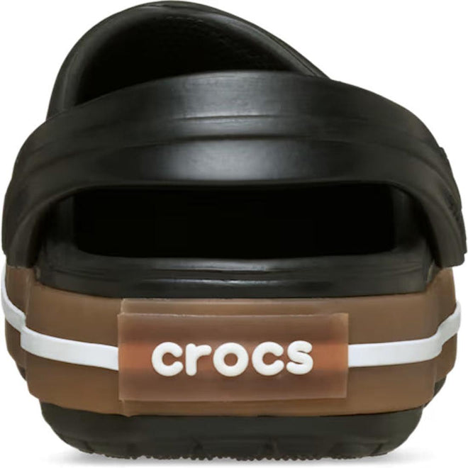 Crocs Toddlers Crocbands Gum Clog Black with a brown midsole, white stripe, and the brand name on the heel strap.