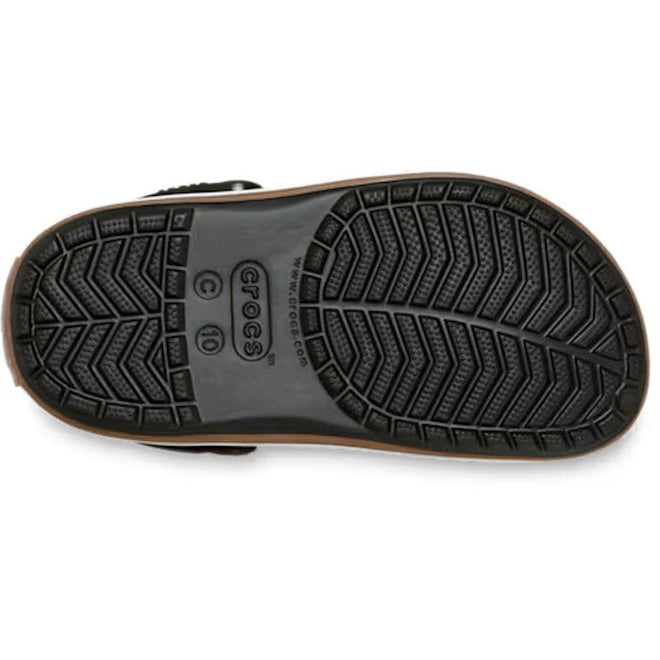Black Crocs Toddlers Crocbands Gum Clog sole with a textured herringbone tread pattern and a brown midsole providing Crocs Comfort.