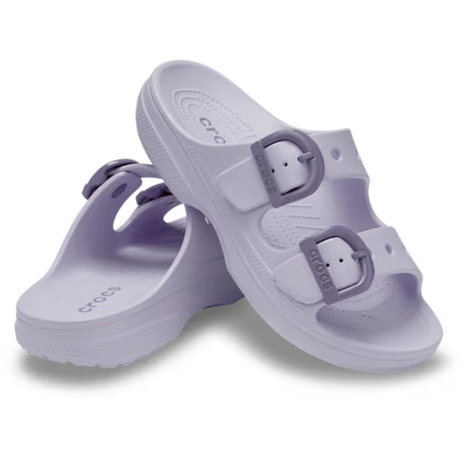Crocs Womens Saturday Enamel Buckle Purple Halo Sandal Slide