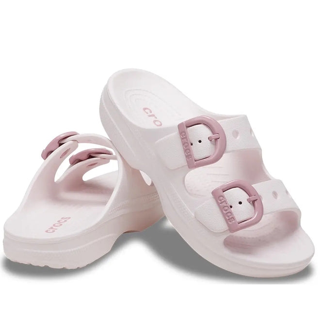 Crocs Womens Saturday Enamel Buckle Bubble Ice Pink Sandal Slide