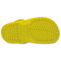 The bright yellow outsole of a Crocs Kids Classic Clog K Lemon Yellow Youth/Juniors, featuring a textured tread pattern and center branding., 191448736269, 191448736276, 191448736283, 191448736290, 191448736306, 191448736313, 54699, 54700, 54701