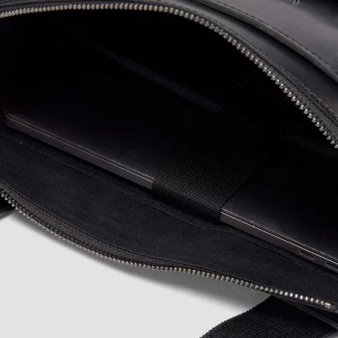 Black Dr Martens Tote bag showing the internal  compartment for a laptop on a white background,
190665739572,