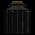 A Dr. Martens size guide for the Polley II Heart T Bar Junior Black Patent shows US, UK, EUR, JP, and CM sizes for toddlers to youths in a black-yellow chart—ideal for picking school shoes—plus a note on sizing variations and foot growth., 50432, 50433, 190665786743, 190665786750, 190665786651, 190665786675, 190665786699