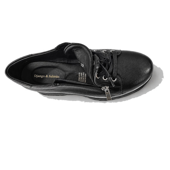 The Django & Juliette Eammes Black Leather Platform Shoe for women features a lace-up design with a side zipper, gold branding on the insole, and is shown from above on a white background with a faint shadow., 51089, 4434754993411, 4434756993428, 4434754993435, 4434754993442, 4434754993459, 51095