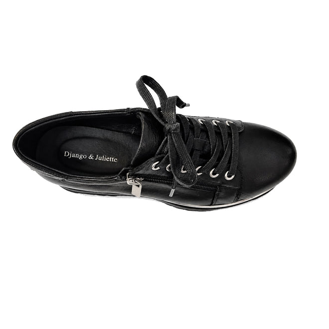 Top view of the Django & Juliette Eammes Black Leather Platform Shoe for women, showing lace-up detail, side zipper, and branded insole, photographed on a white background., 51089, 4434754993411, 4434756993428, 4434754993435, 4434754993442, 4434754993459, 51095