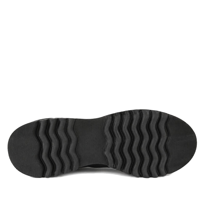 The image displays the bottom view of the Django & Juliette Eammes Black Leather Platform Shoe for women, featuring a distinctive horizontal wavy tread pattern across the sole for added traction., 51089, 4434754993411, 4434756993428, 4434754993435, 4434754993442, 4434754993459, 51095