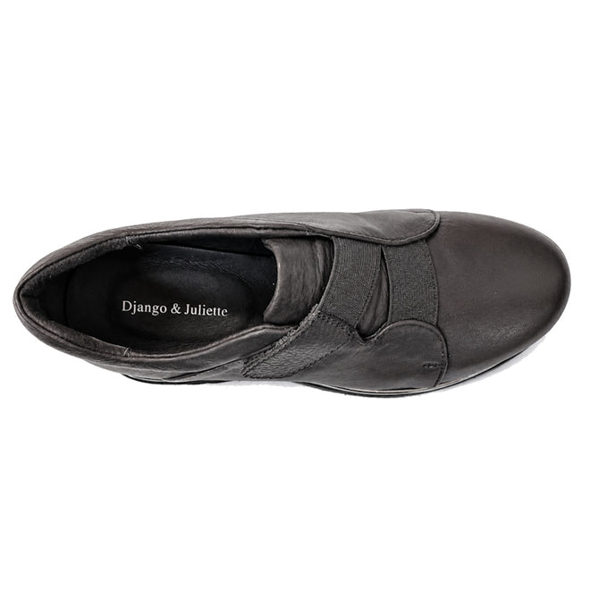 Top view of a single Django & Juliette Ellore charcoal grey leather platform shoe for women, featuring elastic bands across the upper and branded Django & Juliette on the insole., 51103, 4434754334016, 4434754334023, 4434754334030, 4434754334047, 4434754334054, 4434754334061