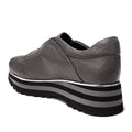 The Django & Juliette Ellore Charcoal Grey Leather Platform Shoe for women features a thick, striped black and grey sole and is shown from a rear side angle on a white background—ideal for those seeking stylish leather platform footwear., 51103, 4434754334016, 4434754334023, 4434754334030, 4434754334047, 4434754334054, 4434754334061