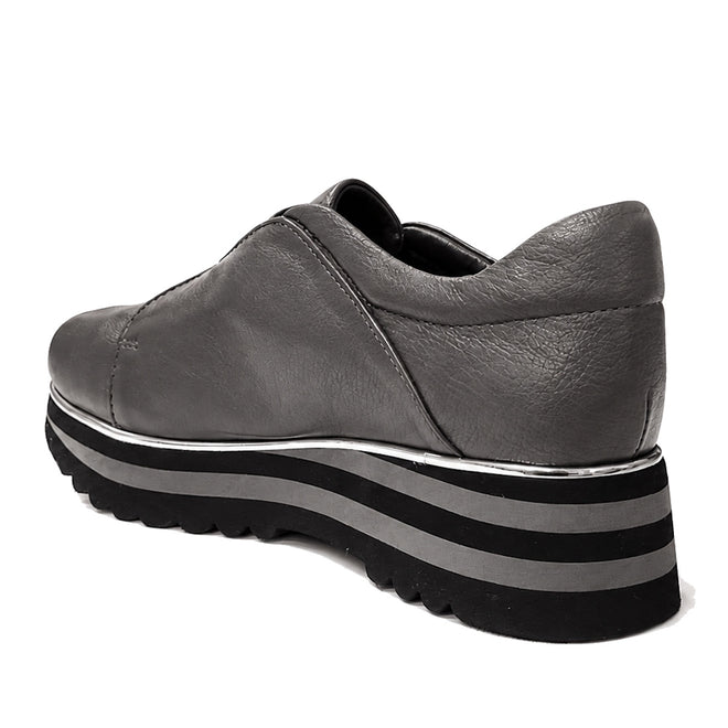 The Django & Juliette Ellore Charcoal Grey Leather Platform Shoe for women features a thick, striped black and grey sole and is shown from a rear side angle on a white background—ideal for those seeking stylish leather platform footwear., 51103, 4434754334016, 4434754334023, 4434754334030, 4434754334047, 4434754334054, 4434754334061