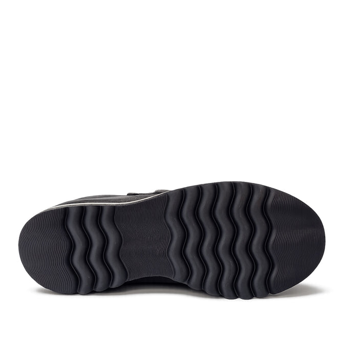 The image displays the sole view of a Django & Juliette Ellore Charcoal Grey Leather Platform Shoe for women, featuring a thick rubber sole with wave-like ridges for grip, photographed against a white background., 51103, 4434754334016, 4434754334023, 4434754334030, 4434754334047, 4434754334054, 4434754334061