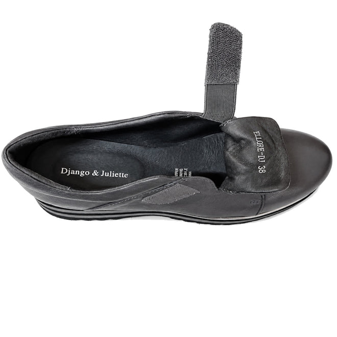 The Django & Juliette Ellore Charcoal Grey Leather Platform Shoe for women is shown from above on a white background with its hook-and-loop strap partially open, revealing the insole and size “38.”., 51103, 4434754334016, 4434754334023, 4434754334030, 4434754334047, 4434754334054, 4434754334061