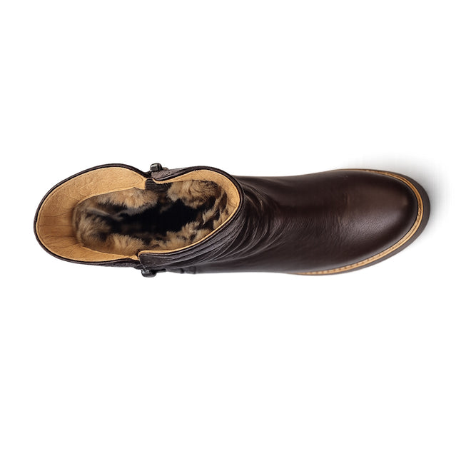 Top view of the Django & Juliette Dixeya Chocolate Leather Boot, showcasing a light brown sole and visible cozy fur-like lining inside—ideal women's leather ankle boots for warmth and comfort on colder days., 51117, 4434754329746, 4434754329753, 4434754329760, 443475432977, 4434754329784, 4434754329791