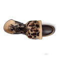 Top view of the Django & Juliette Dixeya Chocolate Leather Boot with a tan sole, plush leopard-print faux fur lining and trim. This women’s ankle boot looks cozy and stylish against a white background., 51117, 4434754329746, 4434754329753, 4434754329760, 443475432977, 4434754329784, 4434754329791