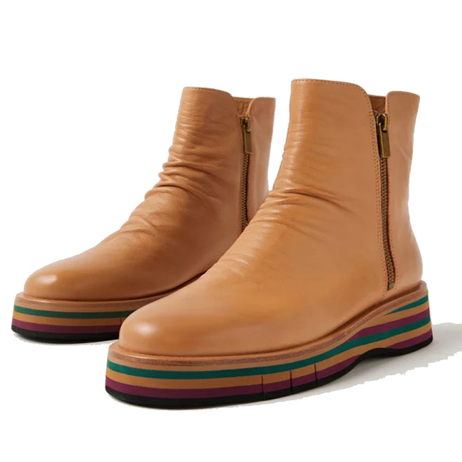 The Django & Juliette Ganni Cognac Tan Green Leather Heeled Boot features side zippers and chunky platform soles with colorful green, purple, pink, and brown stripes., 51110, 4434754550355, 4434754550362, 4434754550379, 4434754550386, 4434754550393, 4434754550409