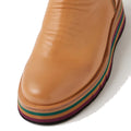 A close-up of the Django & Juliette Ganni Cognac Tan Green Leather Heeled Boot, featuring a rounded toe and a sole with colorful stripes in purple, green, orange, and black., 51110, 4434754550355, 4434754550362, 4434754550379, 4434754550386, 4434754550393, 4434754550409