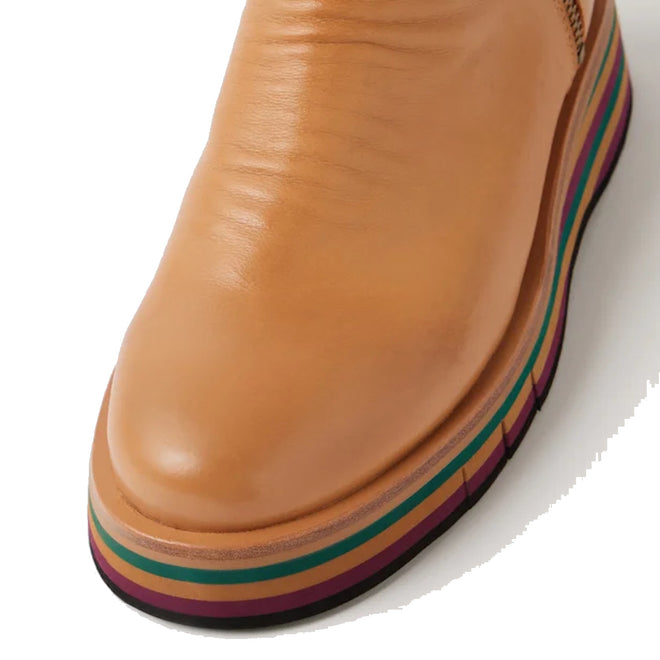 A close-up of the Django & Juliette Ganni Cognac Tan Green Leather Heeled Boot, featuring a rounded toe and a sole with colorful stripes in purple, green, orange, and black., 51110, 4434754550355, 4434754550362, 4434754550379, 4434754550386, 4434754550393, 4434754550409
