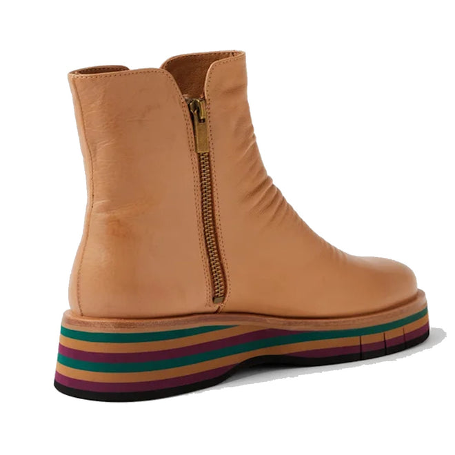 The Django & Juliette Ganni Cognac Tan Green Leather Heeled Boot is a smooth leather ankle boot with a side zipper, rounded toe, and a thick platform sole featuring layered stripes in green, purple, maroon, and tan., 51110, 4434754550355, 4434754550362, 4434754550379, 4434754550386, 4434754550393, 4434754550409