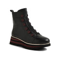The Django & Juliette Elrick Black Burgundy Leather Boot is a women's ankle boot with a striped black and burgundy platform sole, side button details, and a back pull tab—perfect for adding an edgy touch to any outfit.