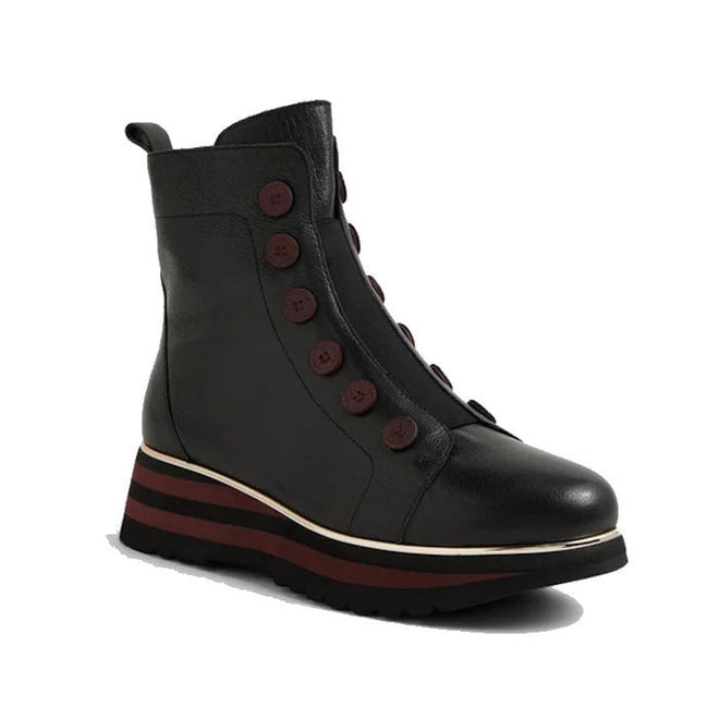 The Django & Juliette Elrick Black Burgundy Leather Boot is a women's ankle boot with a striped black and burgundy platform sole, side button details, and a back pull tab—perfect for adding an edgy touch to any outfit.