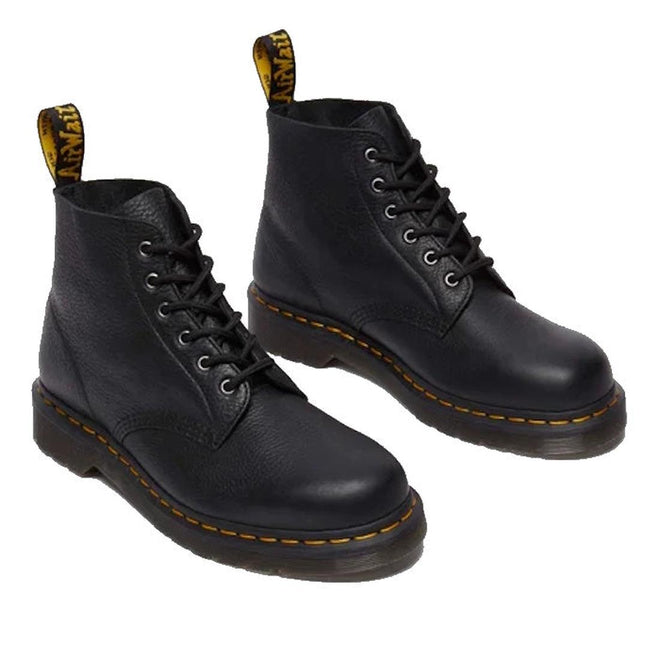 The Dr Martens 101 UB Black Ambassador 6 Eye Leather Boot features yellow stitching on the sole and a black and yellow branded pull loop at the back., 190665693683, 190665693690, 190665693706, 190665693720, 190665693737, 190665693744, 190665693768, 190665693775
