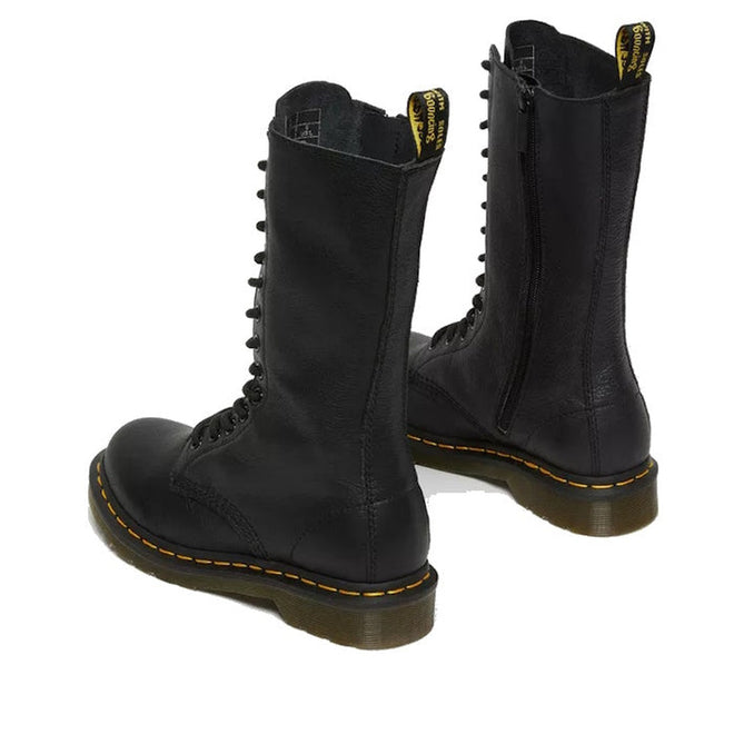 The Dr. Martens 1B99 14 Up Zip Black Boot is crafted from black Virginia leather, featuring a 14-eye lace-up design, yellow stitching on the sole, black laces, side zippers, and back pull tabs.