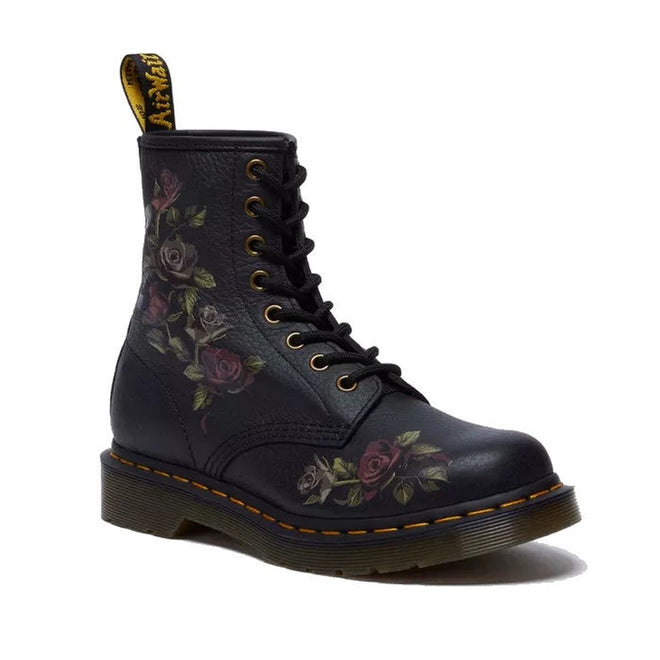 Image of right foot, side on of Dr Martens - 1460 Decayed Roses Womens Black Boot-Foot Forward Shoes