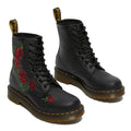 The Dr. Martens 1460 Vonda Red Roses Softy T Leather Boot features black lace-up uppers, signature yellow stitching, AirWair Bouncing Soles, and embroidered red roses with green leaves on the outer sides., 190665206036, 190665206043, 190665206050, 190665206074, 190665206081, 190665206098