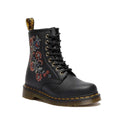 The Dr Martens 1460 Vonda TF Tavern Floral boot in black Genix Nappa leather features side floral embroidery, yellow stitching on a Goodyear-welted sole, and a signature yellow pull tab.