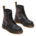 The Dr Martens 1460 Vonda TF Tavern Floral Genix Nappa Leather boots feature black lace-up design, yellow stitching, red and blue floral embroidery on the sides, a translucent brown sole, and a signature yellow pull tab at the back., 47991, 190665742619, 190665742626, 190665742633, 190665742657, 47996, 47997