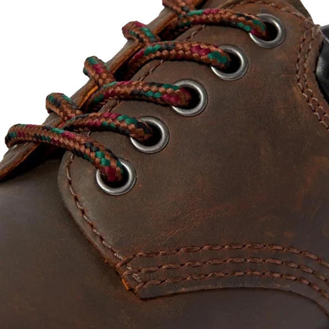 Close-up of the Dr Martens 8053 Crazy Horse Dark Brown Leather 5 Eye shoe, featuring brown leather, visible stitching, multi-colored laces through metal eyelets, and an air-cushioned sole for comfort., 52072, 52073, 800090801651, 800090801675, 800090801682, 800090801699, 800090801712