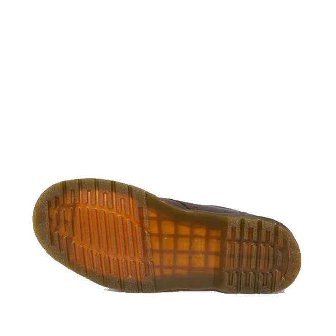 The image shows the bottom view of a Dr Martens 8053 Crazy Horse Dark Brown Leather 5 Eye shoe, featuring a translucent air-cushioned sole with grid-like tread and ridged edges, set against a plain white background., 52072, 52073, 800090801651, 800090801675, 800090801682, 800090801699, 800090801712