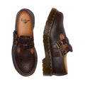 The Dr Martens 8065 2 Strap Mary Jane Shoe in Crazy Horse Brown features dual buckles, perforated toe detailing, and thick translucent soles with signature yellow stitching., 190665588941, 190665588958, 190665588965, 190665588972, 13164654654, 190665588996, 190665589009, 190665589016