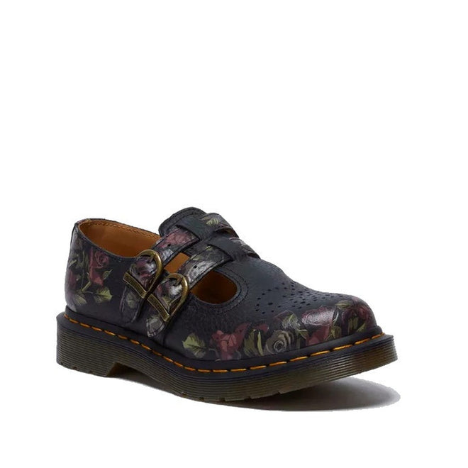 Image of right foot, side on of Dr Martens 8065 Decayed Roses 2 Strap Mary Jane Shoe Black-Foot Forward Shoes