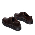 The Dr Martens Brookline Lo Dark Brown Crazy Horse Leather Shoe features black ridged soles, brown stitching, a comfy SoftWair insole, and is shown on a white background., 52062, 52063, 52064, 190665753912, 190665753936, 190665753943, 190665753950, 52069, 52070, 52071