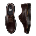 The Dr Martens Brookline Lo Dark Brown Crazy Horse Leather Shoe features brown leather uppers, black soles with yellow stitching, and brown laces, shown from the top and side., 52062, 52063, 52064, 190665753912, 190665753936, 190665753943, 190665753950, 52069, 52070, 52071