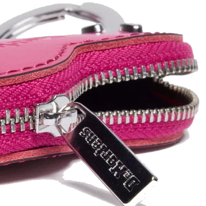 Close-up of a Dr Martens heart keychain pink leatherwith a  silver zipper and visible brand name on a white background.,
190665739800,