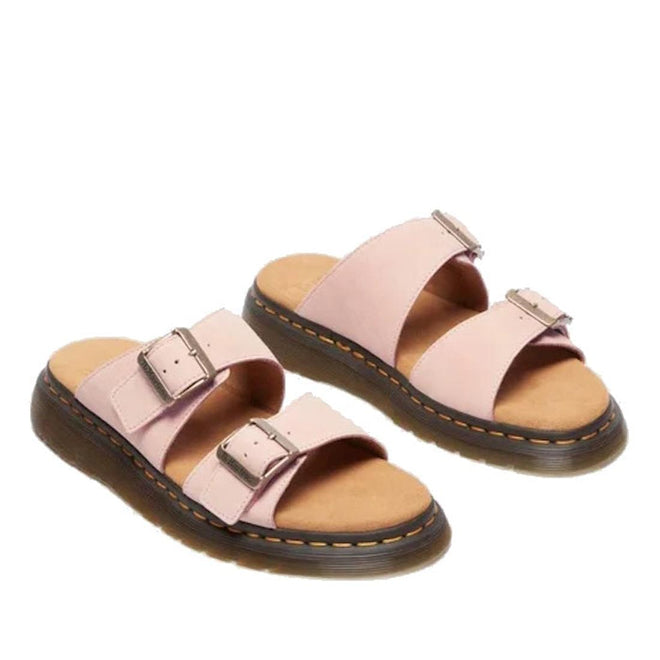 Pair of Dr Martens Josef pinkslide  sandals with brown soles. Two straps over the foot bothe with working buckles for adjustment on a white background,.
190665707533,
190665707540,
190665707557,
190665707571,
190665707588,