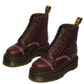 The Dr Martens Sinclair Flower Dark Brown Grizzly Leather Boot features a platform Quad sole, yellow stitching, front zippers, decorative flower details, and back pull tabs., 51903, 51904, 190665777116, 190665777123, 190665777147, 51909, 51910