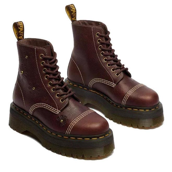 Dr Martens Sinclair Flower Dark Brown Grizzly Leather Boots feature a platform quad sole, yellow stitching, flower details, and back pull tabs., 51903, 51904, 190665777116, 190665777123, 190665777147, 51909, 51910
