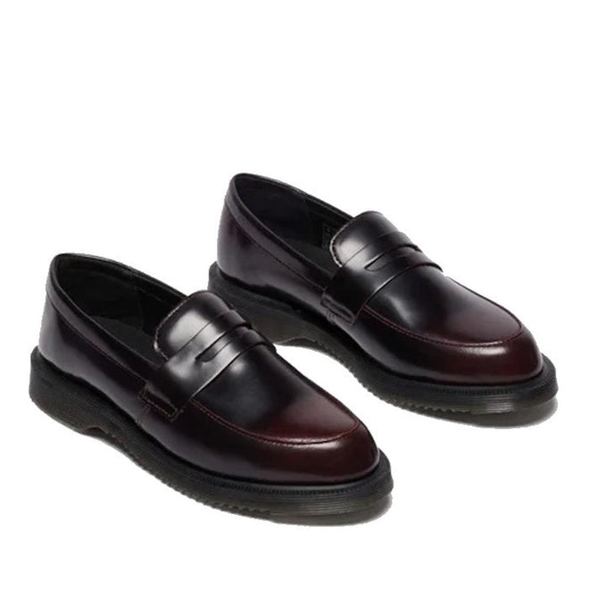 A pair of Dr Martens Temara Cherry Red Arcadia leather loafers with black soles, displayed on a white background., 190665747560, 190665747577, 190665747591, 52060, 52061