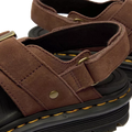 Close-up of Dr Martens Zebzag Sepia Brown Nubuck 2 Strap Sandal with brass hardware, thick black soles, yellow stitching, water-resistant finish, adjustable straps, and visible textured footbeds., 190665790603, 190665790610, 190665790627, 190665790641, 190665790658, 190665790665