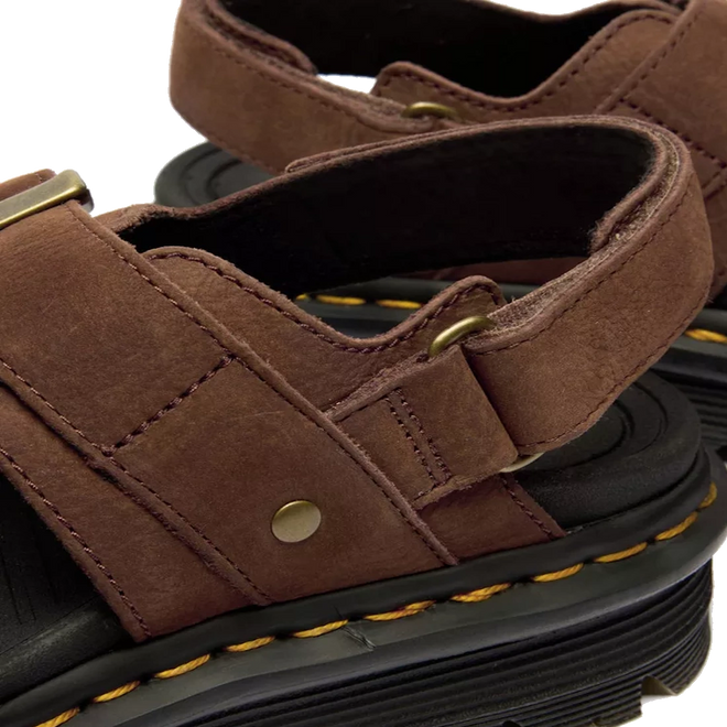 Close-up of Dr Martens Zebzag Sepia Brown Nubuck 2 Strap Sandal with brass hardware, thick black soles, yellow stitching, water-resistant finish, adjustable straps, and visible textured footbeds., 190665790603, 190665790610, 190665790627, 190665790641, 190665790658, 190665790665
