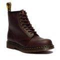 A single Dr Martens 1460 Cherry Red Crazy Horse Waxy Leather 8-eye boot featuring yellow stitching, Goodyear welted construction, and a black-and-yellow back pull tab.