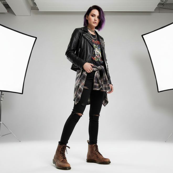 A woman with purple hair stands confidently in a photo studio, wearing black jeans, a leather jacket, and the Dr Martens 1460 Cherry Red Crazy Horse Waxy Leather 8 Eye Boot. Two large softbox lights are visible in the background., 190665786835, 190665786842, 190665786859, 190665786873, 190665786880, 190665786897, 190665786910, 50000, 50001, 50002