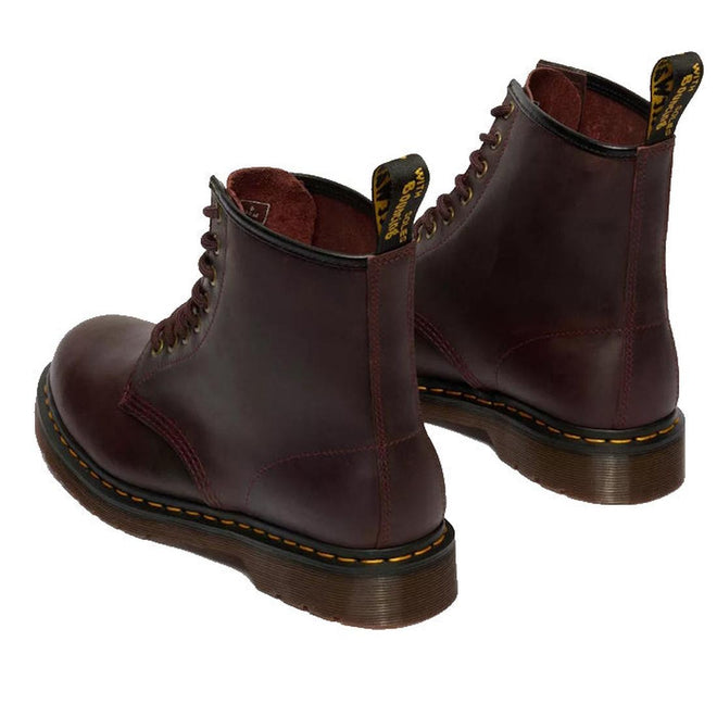 The Dr Martens 1460 Cherry Red Crazy Horse Waxy Leather 8 Eye Boot features yellow stitching on the Goodyear welted sole and black pull tabs with yellow branding at the back., 190665786835, 190665786842, 190665786859, 190665786873, 190665786880, 190665786897, 190665786910, 50000, 50001, 50002